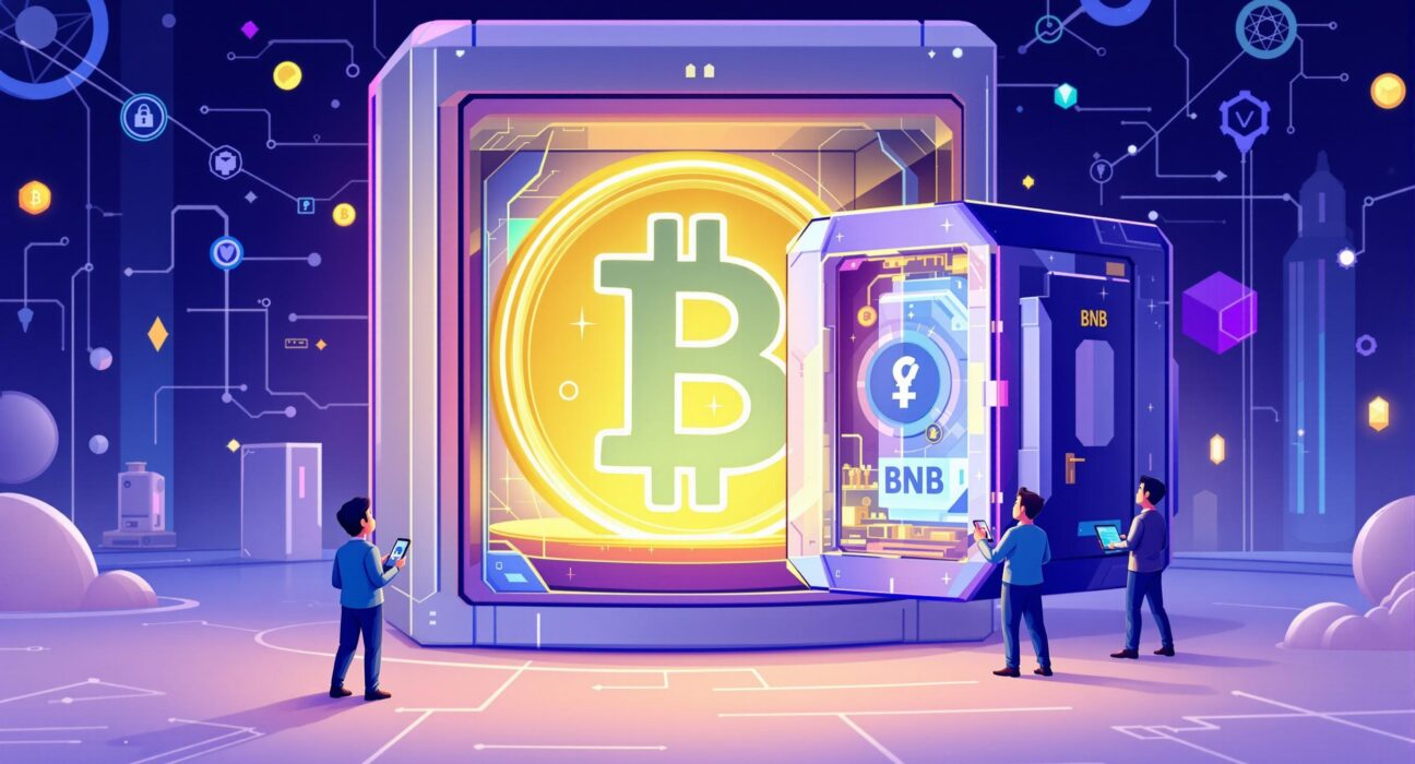 A cartoon illustration depicting Nano Labs' strategic increase in BNB holdings, symbolizing their significant investment in the crypto space.