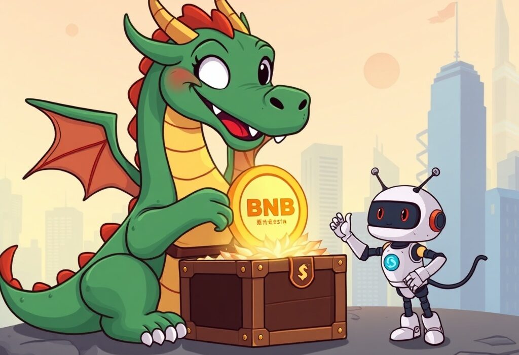 A cartoon dragon investing in BNB, symbolizing China Renaissance's $100M BNB investment and digital asset adoption.