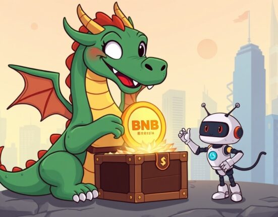 A cartoon dragon investing in BNB, symbolizing China Renaissance's $100M BNB investment and digital asset adoption.