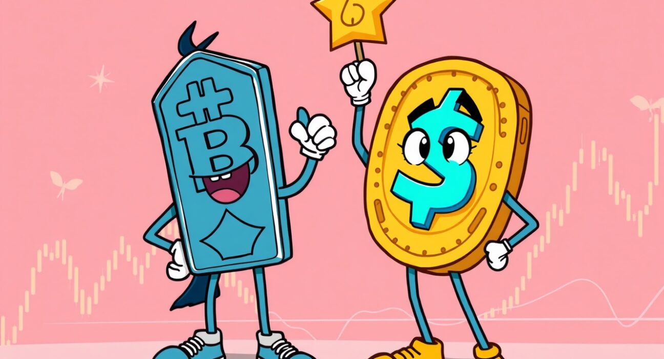 A cartoon illustration depicting the BNB market cap surpassing Solana, symbolizing its significant rise in cryptocurrency rankings.
