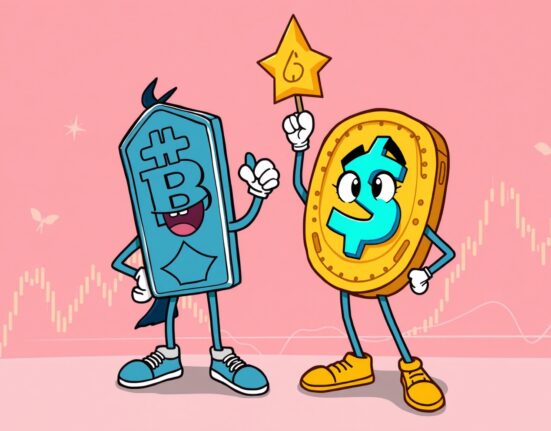 A cartoon illustration depicting the BNB market cap surpassing Solana, symbolizing its significant rise in cryptocurrency rankings.