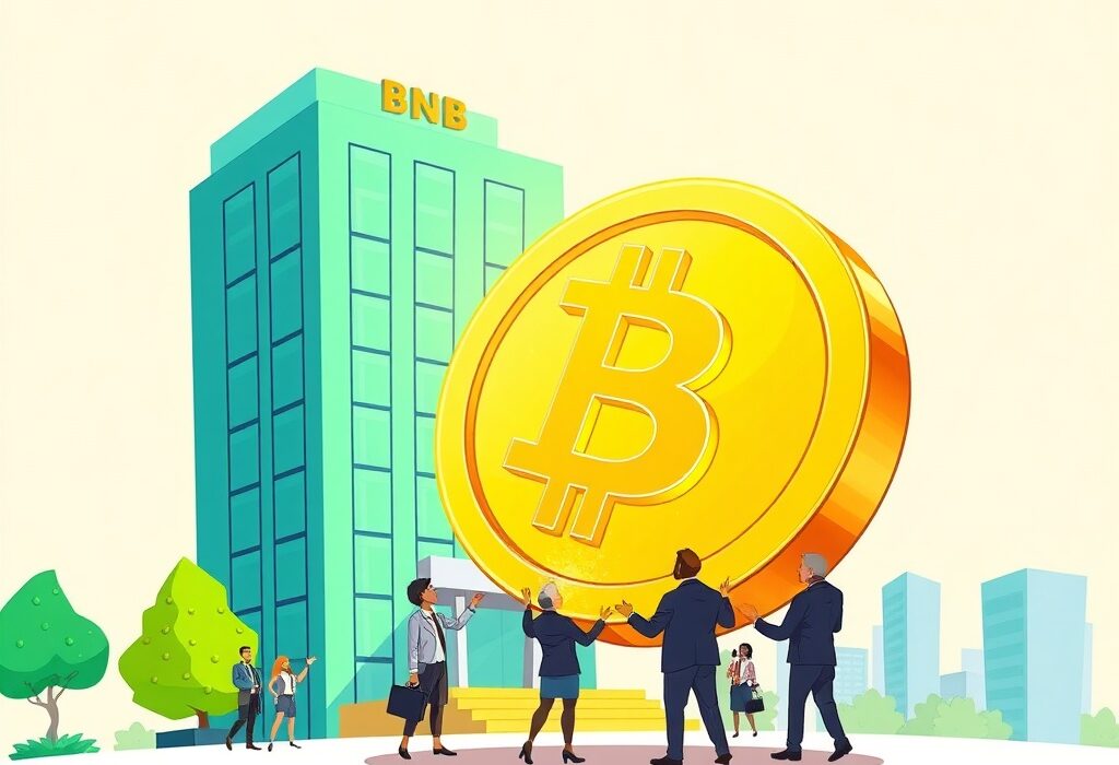A cartoon illustration showing BNB Network Company's strategic BNB token acquisition, symbolizing a major corporate crypto investment.