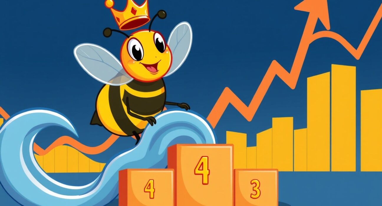 A triumphant cartoon bee symbolizing BNB overtaking the XRP ripple to become the fourth-largest cryptocurrency.