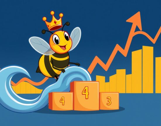 A triumphant cartoon bee symbolizing BNB overtaking the XRP ripple to become the fourth-largest cryptocurrency.