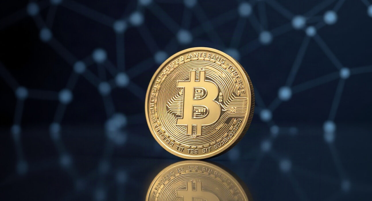BNB coin in focus with blockchain network background, representing the BSC hardfork.