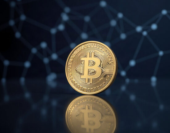 BNB coin in focus with blockchain network background, representing the BSC hardfork.