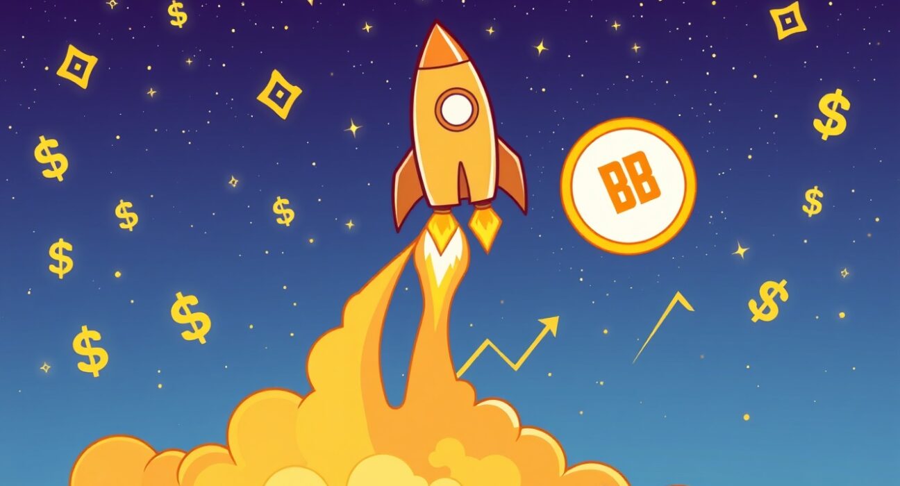 Cartoon rocket representing BNB price rally soaring to new all-time highs, symbolizing market excitement and growth.