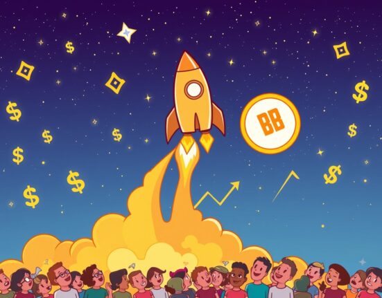 Cartoon rocket representing BNB price rally soaring to new all-time highs, symbolizing market excitement and growth.