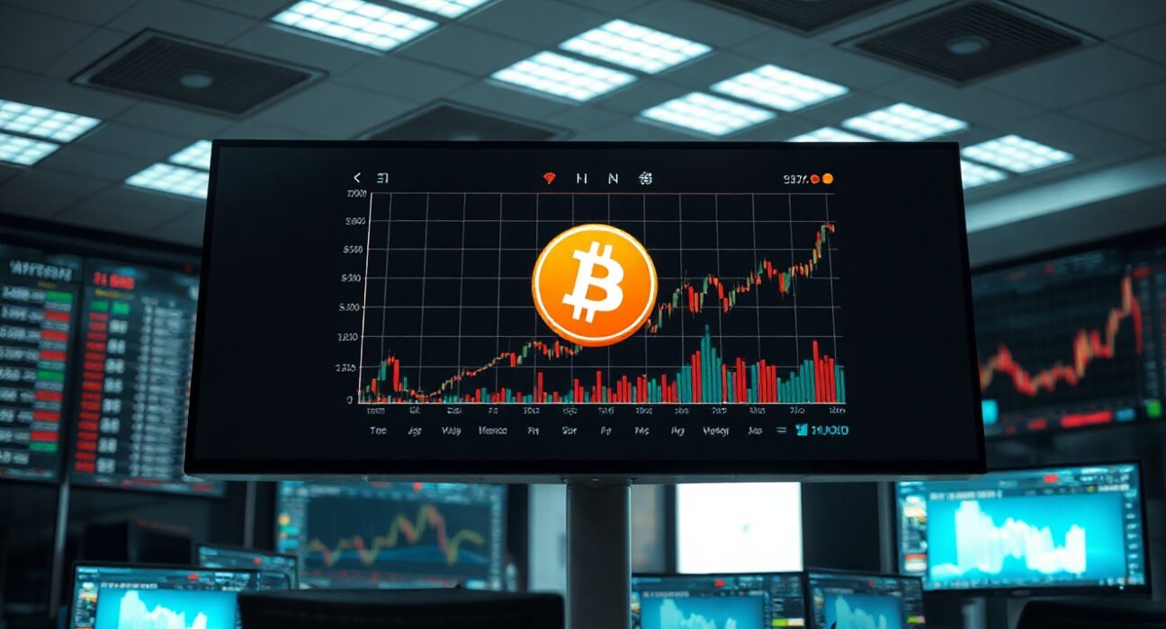 BNB price chart showing upward trend on a trading screen in a professional office setting