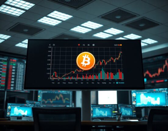 BNB price chart showing upward trend on a trading screen in a professional office setting