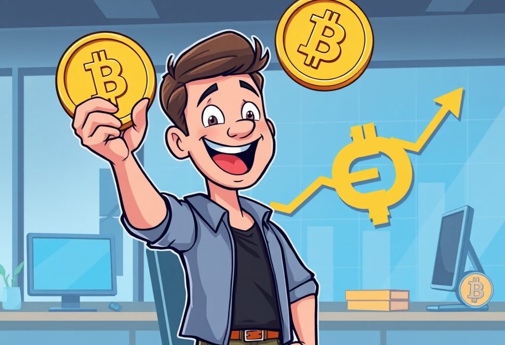 A cartoon investor celebrates the potential of a BNB staking ETF, signaling new crypto investment avenues.