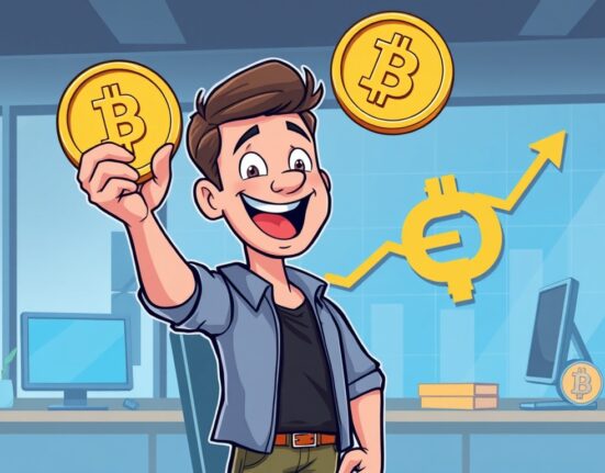 A cartoon investor celebrates the potential of a BNB staking ETF, signaling new crypto investment avenues.