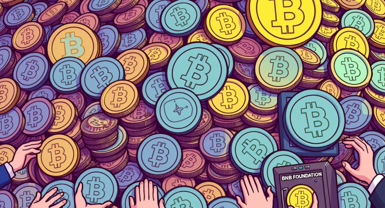 Cartoon illustration showing the distribution of BNB supply, highlighting Changpeng Zhao's minimal holdings compared to public investors.