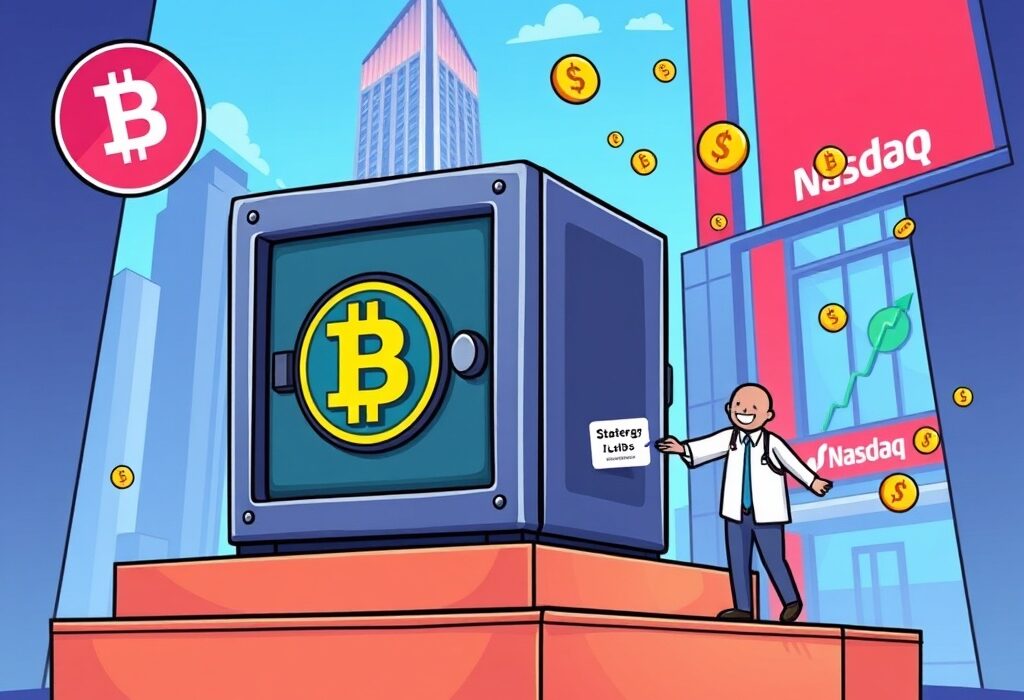 Cartoon illustration of a secure vault representing a BNB treasury, being listed on Nasdaq, symbolizing significant investment and growth.