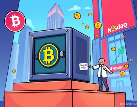 Cartoon illustration of a secure vault representing a BNB treasury, being listed on Nasdaq, symbolizing significant investment and growth.