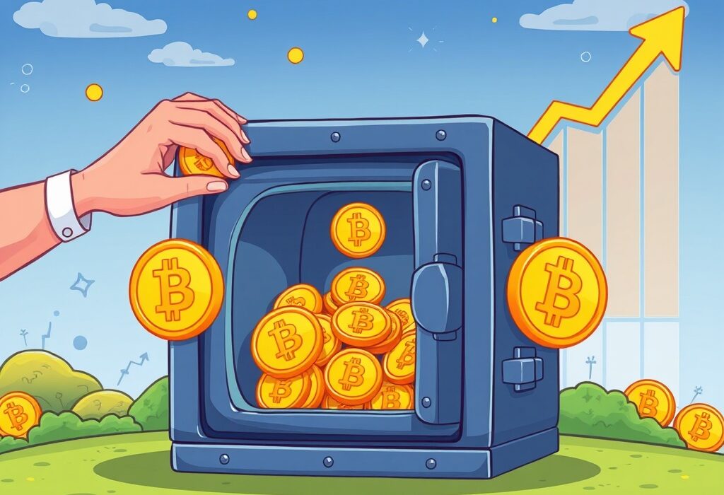 Cartoon showing a secure digital vault symbolizing a BNB yield fund, growing through strategic crypto investments.