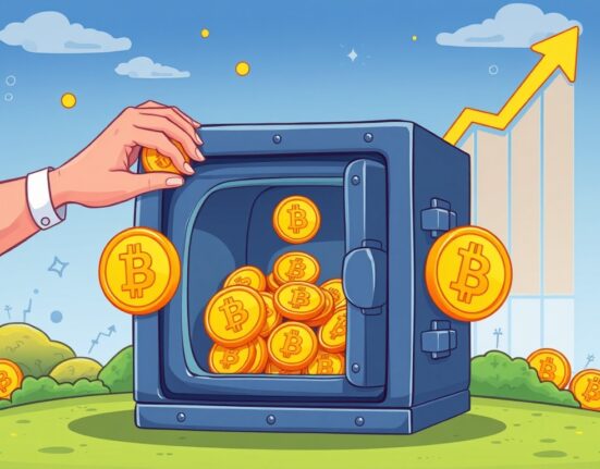 Cartoon showing a secure digital vault symbolizing a BNB yield fund, growing through strategic crypto investments.