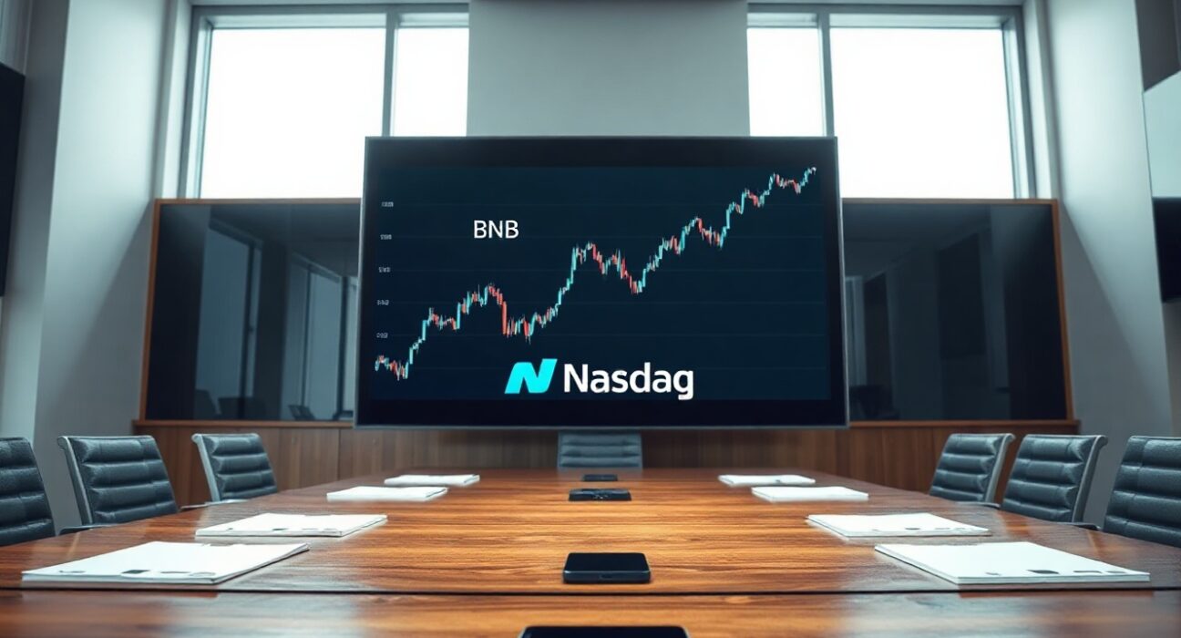 Corporate boardroom with digital display showing BNB price chart and Nasdaq branding
