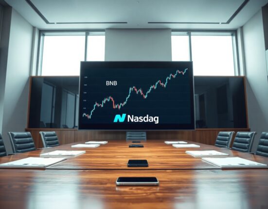 Corporate boardroom with digital display showing BNB price chart and Nasdaq branding