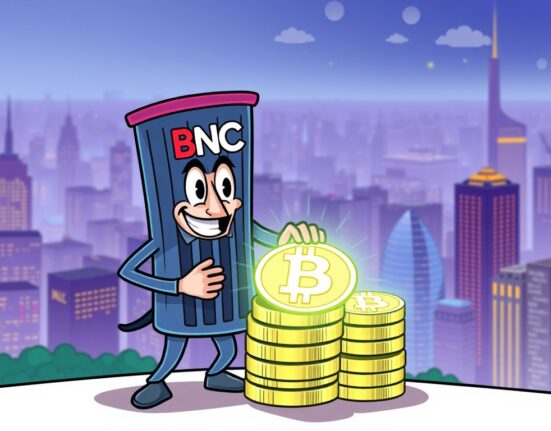Cartoon showing BNC strategically acquiring BNB coins, symbolizing the significant BNC BNB acquisition and investment strategy.