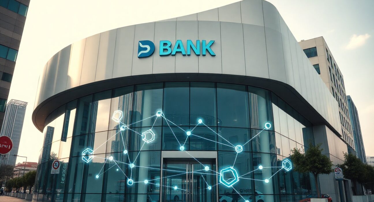 BNK Busan Bank building exterior with digital blockchain network overlay