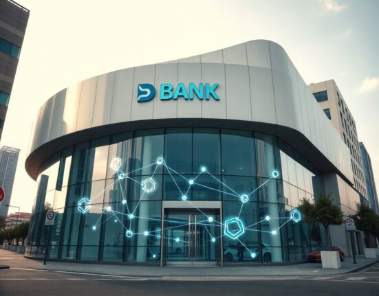 BNK Busan Bank building exterior with digital blockchain network overlay