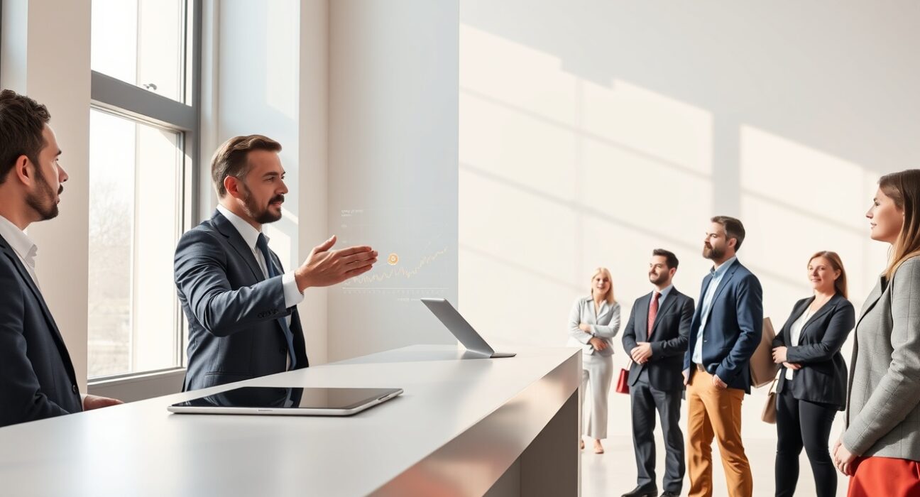 A banker explains Bitcoin and Ethereum ETN charts to clients at BNP Paribas, representing the new retail crypto offering.