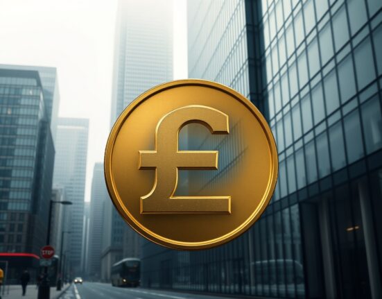 British pound coin in foreground with London financial district skyline in background under overcast sky.