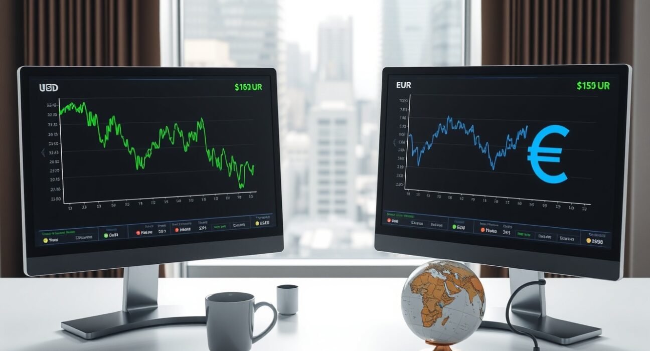 Financial trading desk with monitors showing USD/EUR currency charts and a downward trend for the dollar.