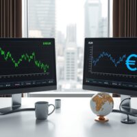 Financial trading desk with monitors showing USD/EUR currency charts and a downward trend for the dollar.