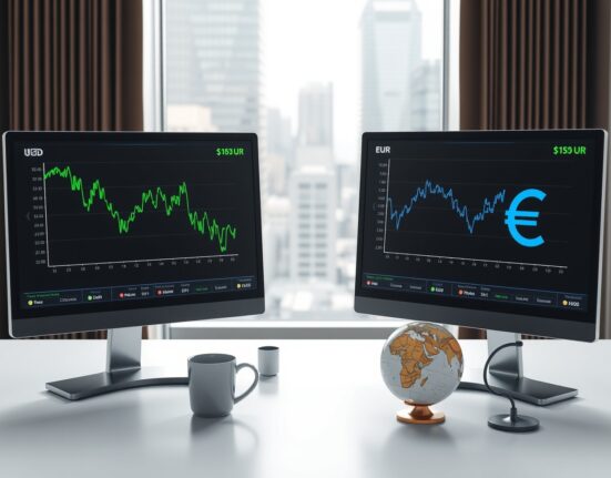 Financial trading desk with monitors showing USD/EUR currency charts and a downward trend for the dollar.