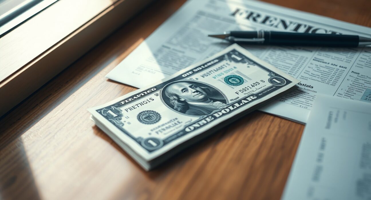 Close-up of a US dollar bill on a desk next to a financial newspaper and a pen, representing a currency forecast.