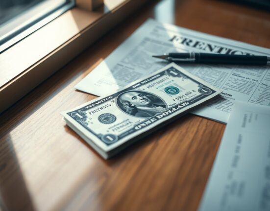 Close-up of a US dollar bill on a desk next to a financial newspaper and a pen, representing a currency forecast.
