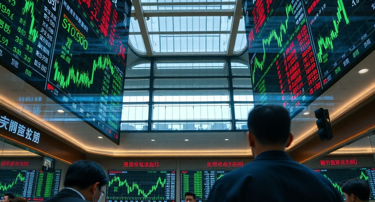 Trading floor in China with stock market screens showing green and red charts, representing Chinese equities market activity.