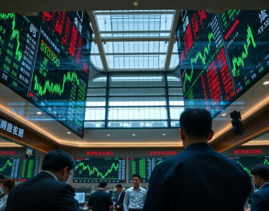 Trading floor in China with stock market screens showing green and red charts, representing Chinese equities market activity.
