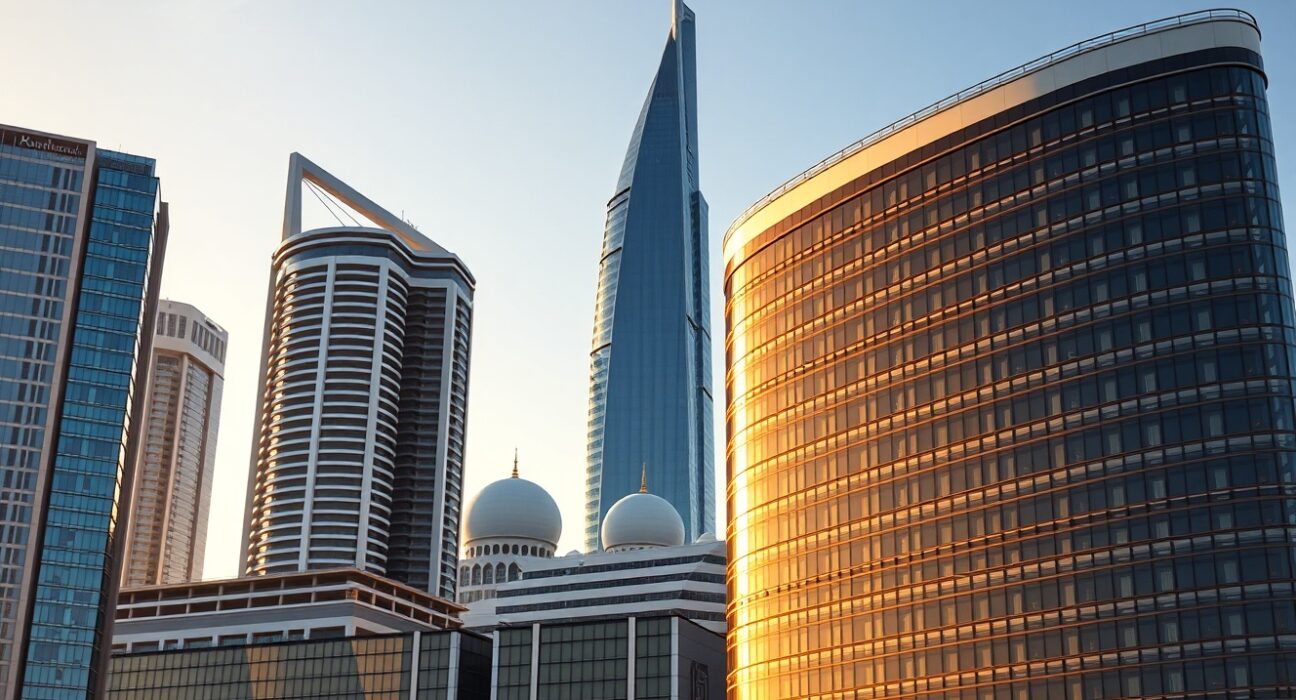 Abu Dhabi skyline with modern financial district buildings under golden hour light