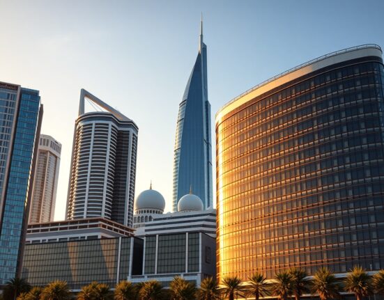 Abu Dhabi skyline with modern financial district buildings under golden hour light