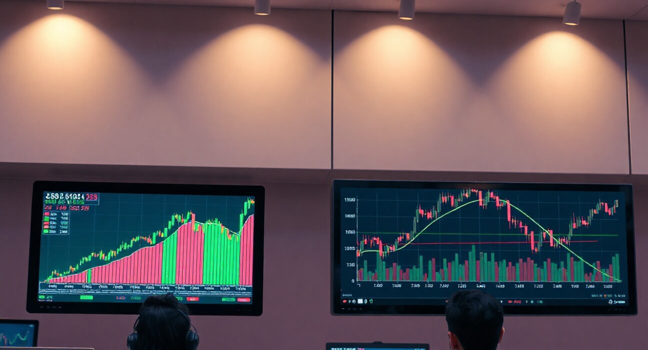Comparison of US equity and Treasury market charts on trading floor screens