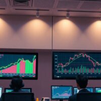 Comparison of US equity and Treasury market charts on trading floor screens