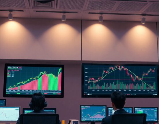 Comparison of US equity and Treasury market charts on trading floor screens