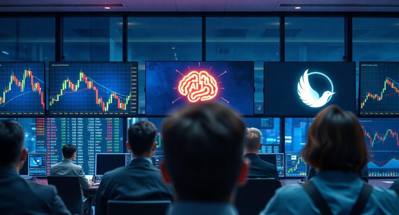 Financial trading screens showing AI and peace-themed market data charts