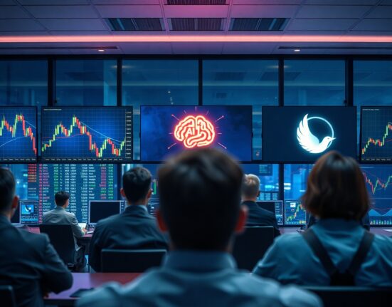 Financial trading screens showing AI and peace-themed market data charts