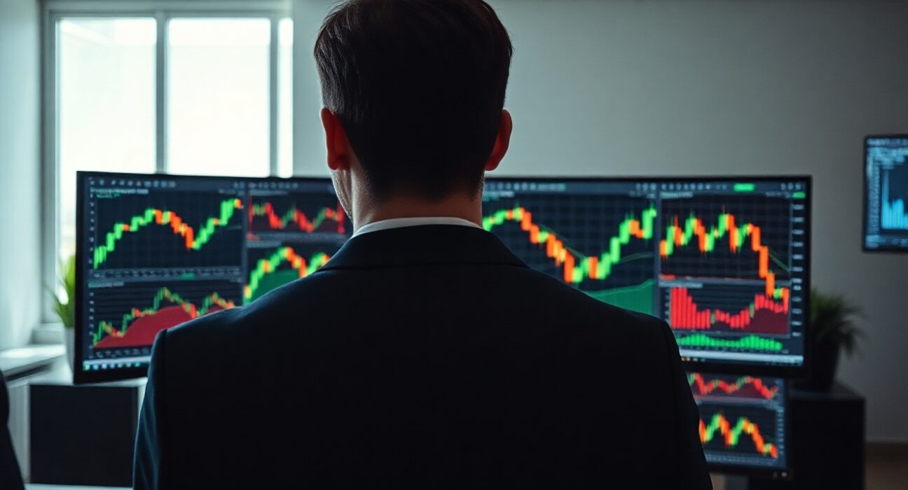 Financial analyst reviewing equity market charts on a monitor in a modern office setting.
