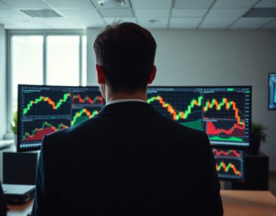 Financial analyst reviewing equity market charts on a monitor in a modern office setting.