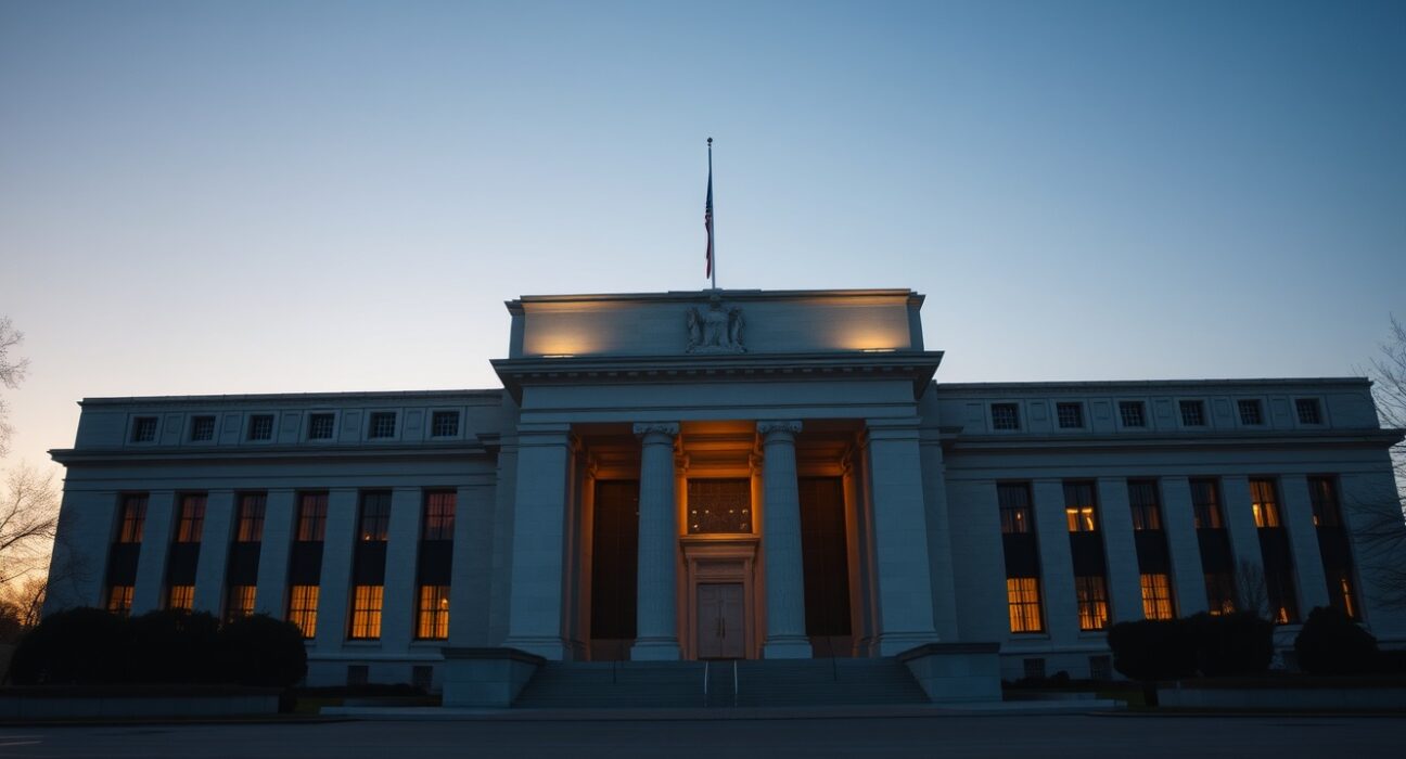 Federal Reserve building in Washington D.C. at dusk with warm lighting.