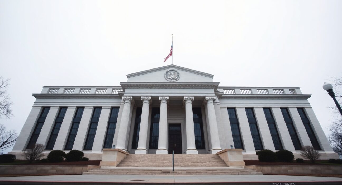 Exterior of the Federal Reserve building in Washington, D.C., under overcast sky.