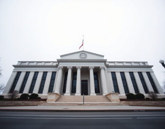 Exterior of the Federal Reserve building in Washington, D.C., under overcast sky.