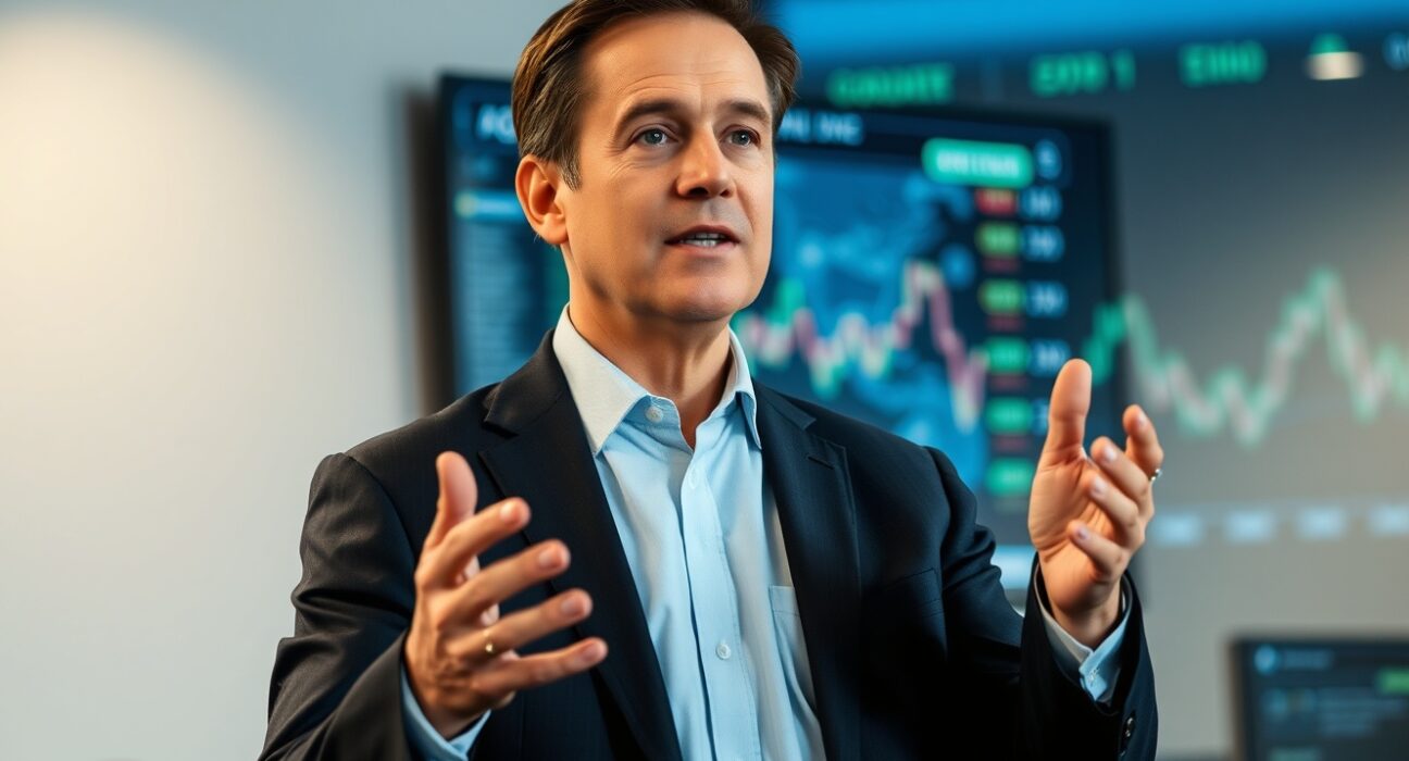 Ben Slavin, BNY global head of ETFs, speaking about tokenized funds in a professional setting with blockchain graphics in background