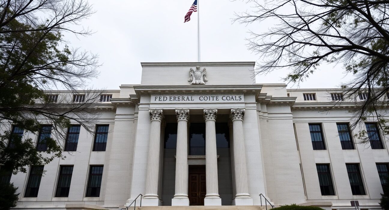 Exterior of the Federal Reserve building in Washington, D.C. on a cloudy day.