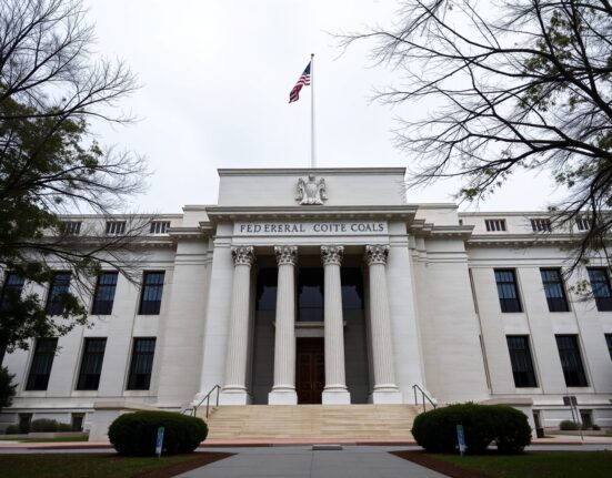 Exterior of the Federal Reserve building in Washington, D.C. on a cloudy day.